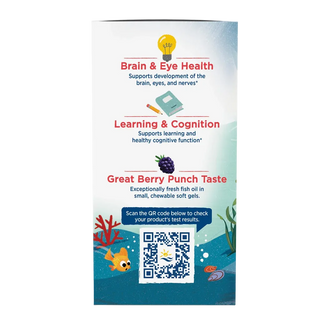 Supplement package for brain and eye health with a QR code on a white background