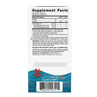 The back of a Nordic Naturals supplement box showing the Supplement Facts label, with a blue ocean illustration and coral logo at the bottom.
