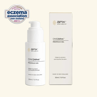 BFIX ONE24hrs Propolis Gel bottle and packaging on a white background with Eczema Association New Zealand logo.