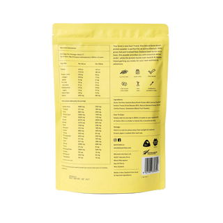 Yellow package with nutritional information and icons on a white background