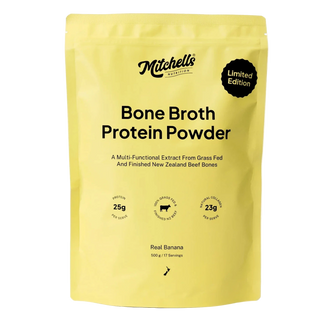 Yellow package of Mitchell's Bone Broth Protein Powder on a white background