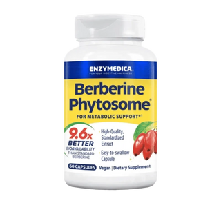 A white plastic bottle of Enzymedica Berberine Phytosome dietary supplement, featuring a yellow and blue label with red berry graphics, on a white background.