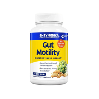 A white plastic bottle of Enzymedica Gut Motility Digestive Transit Support dietary supplement, featuring a yellow and blue label with apple cider vinegar and green beans imagery.