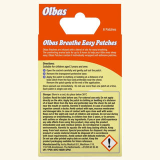 Olbas Breathe Easy Patches packaging with instructions and safety information.