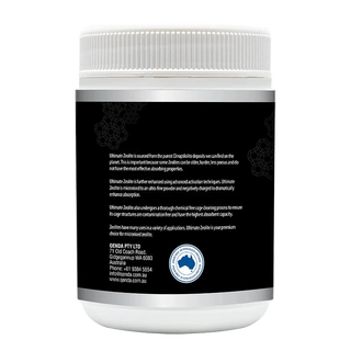 Back label of a white container with text and a logo on a white background