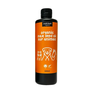 A 500ml bottle of arable bush organics Organic Flax Seed Oil for animals, featuring a bright orange label with white text and simple line drawings of a dog, cat, and horse, set against a plain white background.